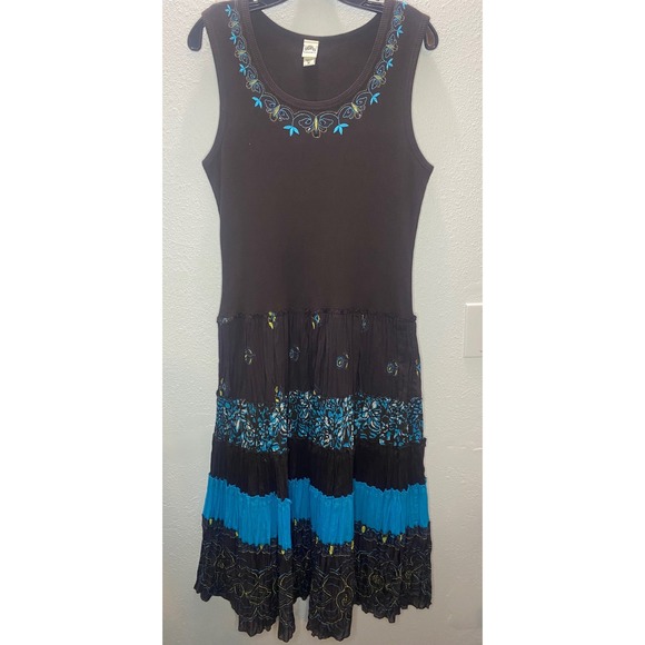 Sangria Dresses & Skirts - Sangria Tiered Midi Dress Women's 14 Brown Turquoise Embroidered Lagenlook Boho